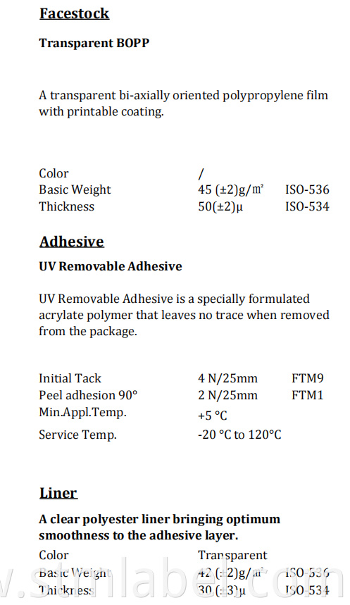 U122ql01i67 Transparent Bopp Tc Uv Removable Adhesive Pet Liner